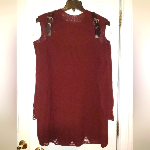 Maroon, off-the-shoulder sweater dress. It has a relaxed fit, long SLEEVES 1XL - Picture 1 of 9